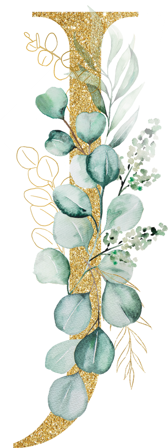 Golden Letter Jdecorated with Green Watercolor Eucalyptus Branches and Leaves Isolated