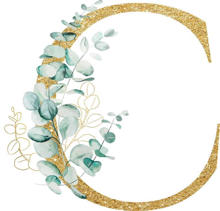 Golden Letter C Decorated with Green Watercolor Eucalyptus Branches and Leaves Isolated